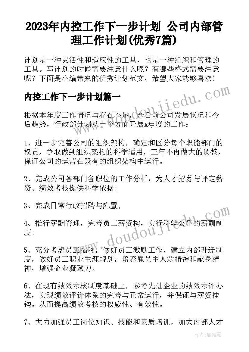 2023年内控工作下一步计划 公司内部管理工作计划(优秀7篇)