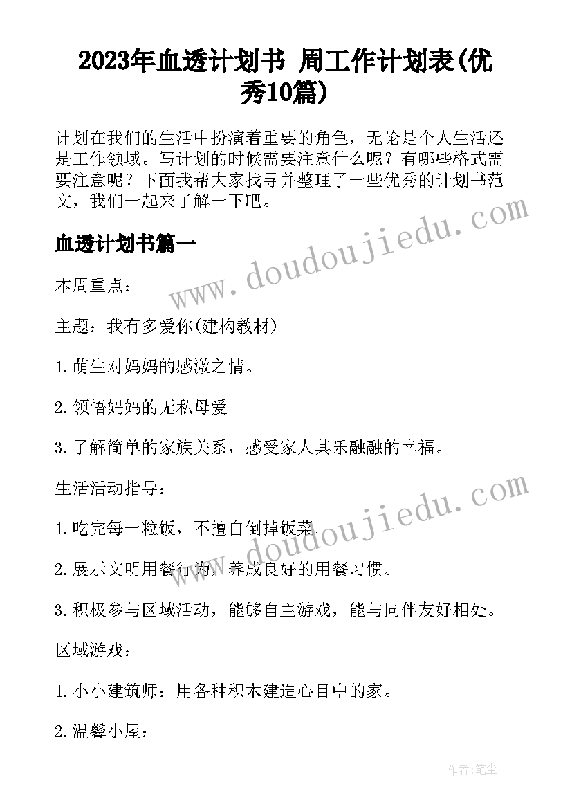 2023年血透计划书 周工作计划表(优秀10篇)