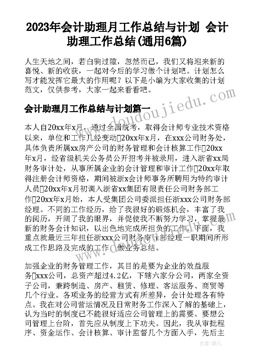 2023年会计助理月工作总结与计划 会计助理工作总结(通用6篇)