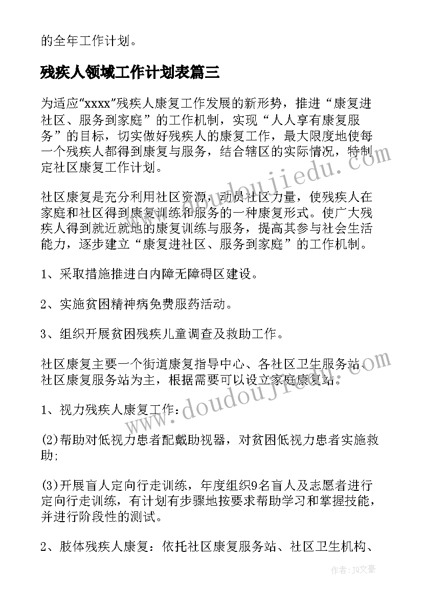 残疾人领域工作计划表 残疾人社区工作计划(汇总7篇)