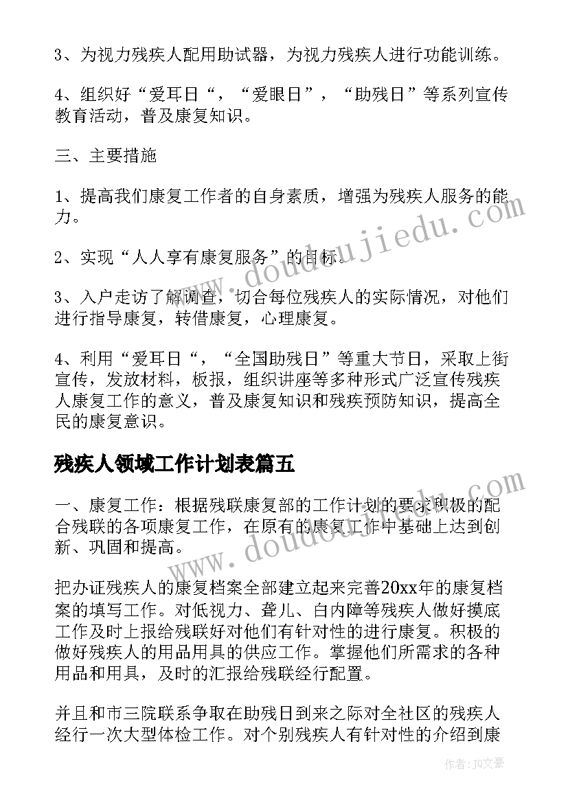 残疾人领域工作计划表 残疾人社区工作计划(汇总7篇)