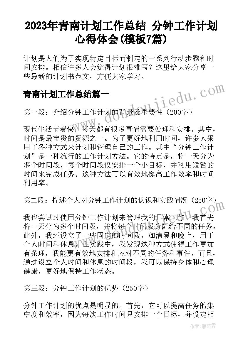 2023年青南计划工作总结 分钟工作计划心得体会(模板7篇)