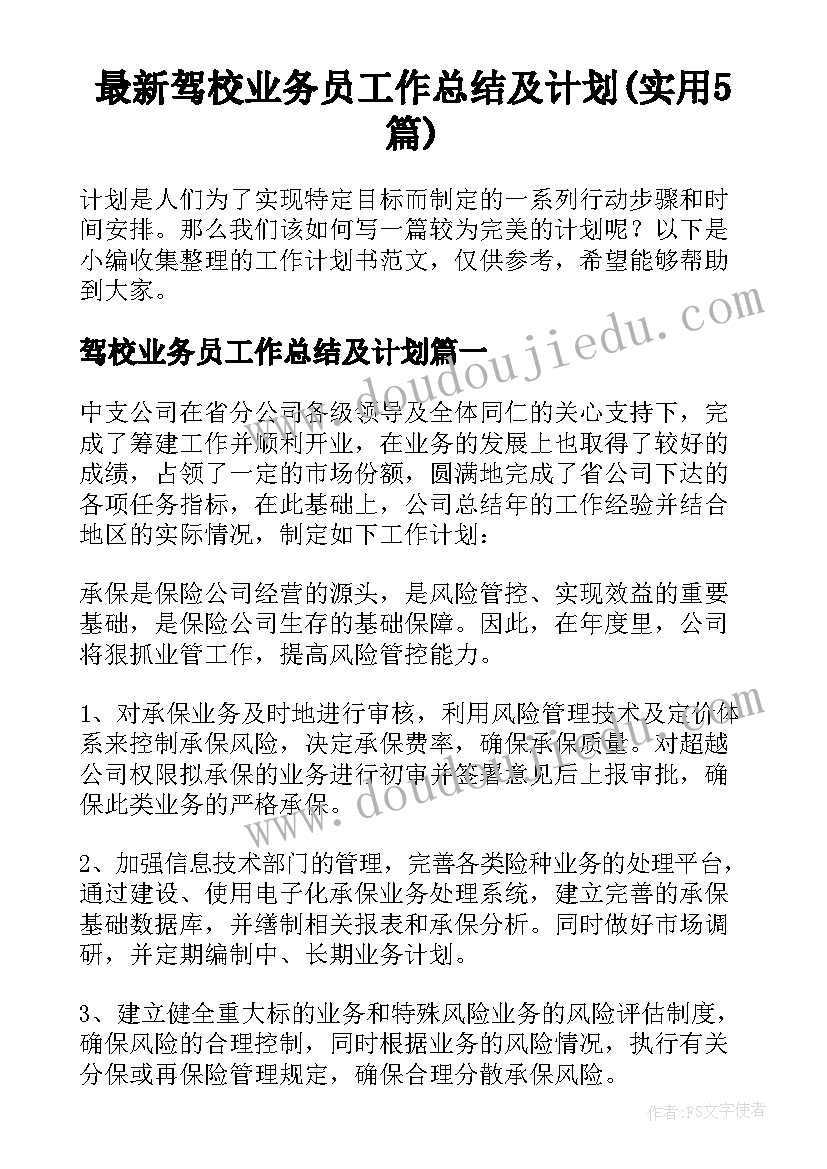 最新驾校业务员工作总结及计划(实用5篇)