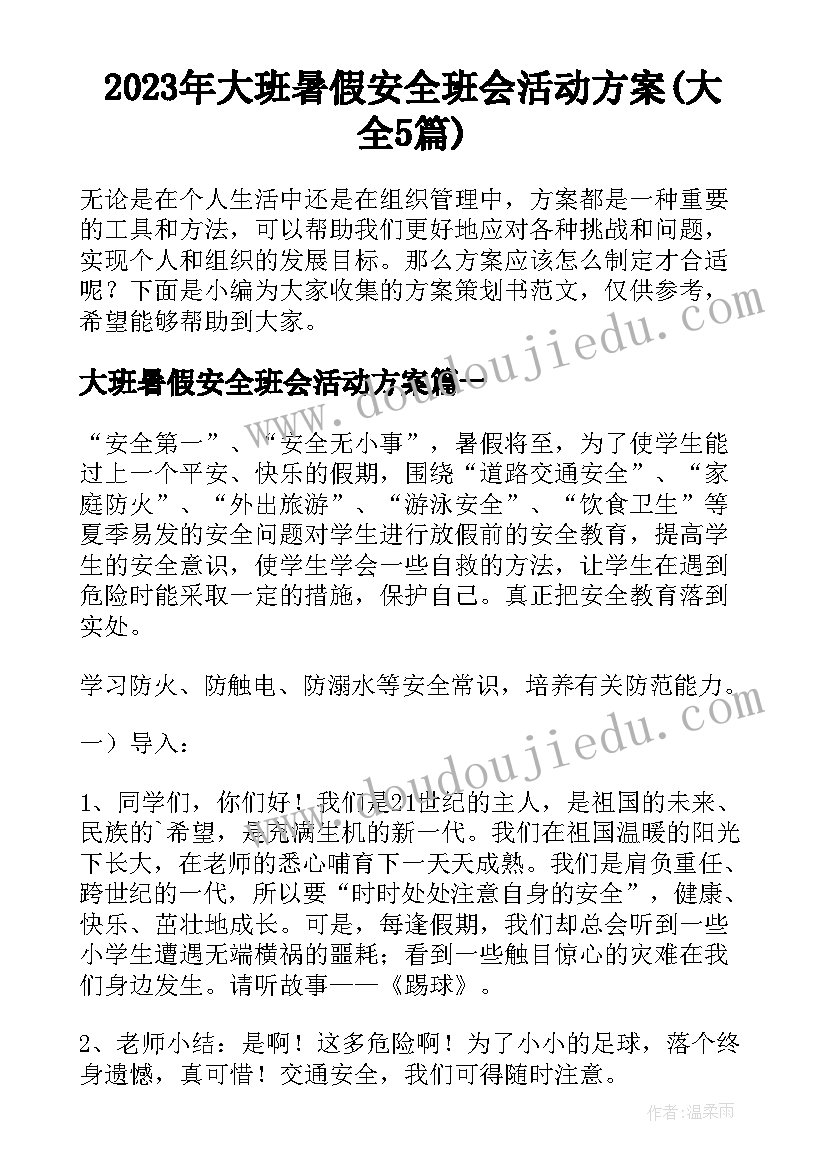 2023年大班暑假安全班会活动方案(大全5篇)