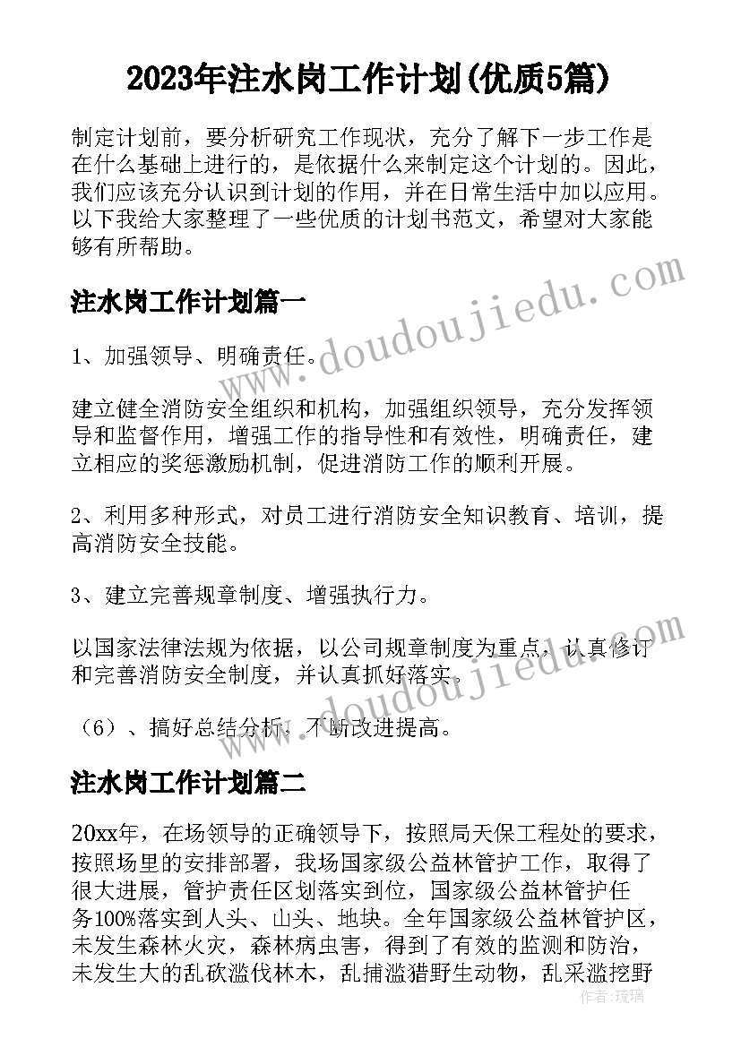 2023年注水岗工作计划(优质5篇)