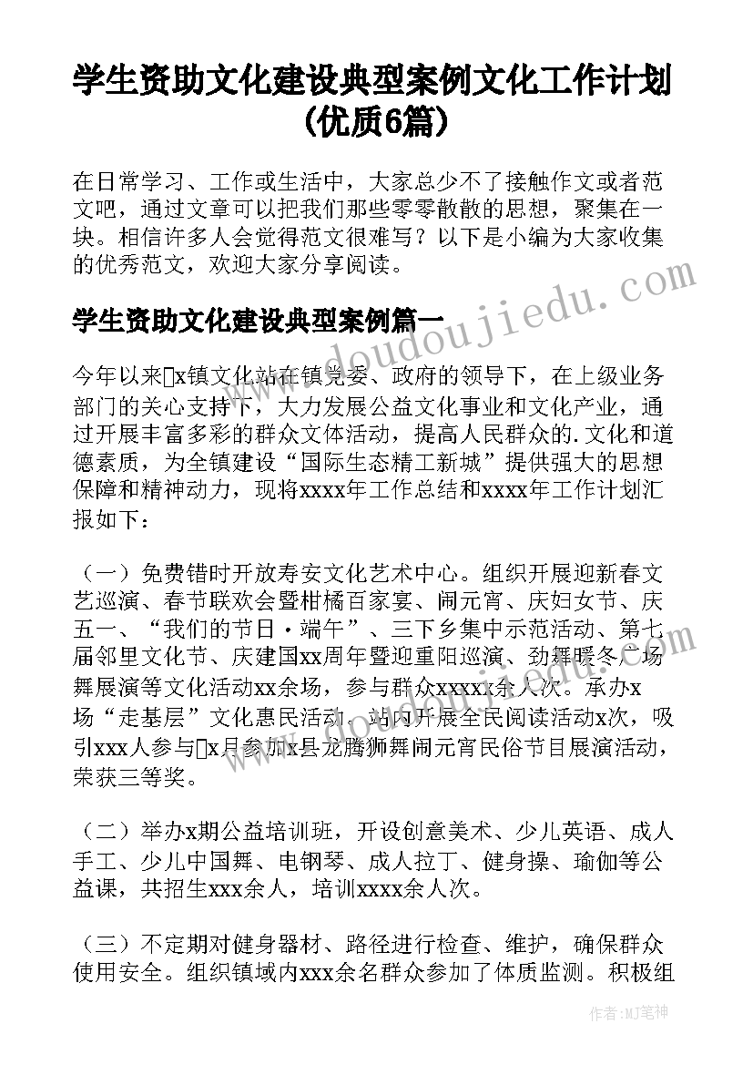 学生资助文化建设典型案例 文化工作计划(优质6篇)