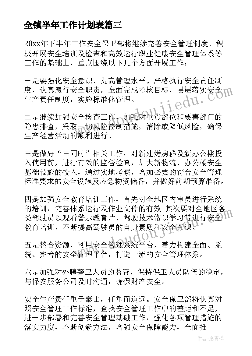 2023年全镇半年工作计划表 下半年工作计划半年工作计划(大全6篇)