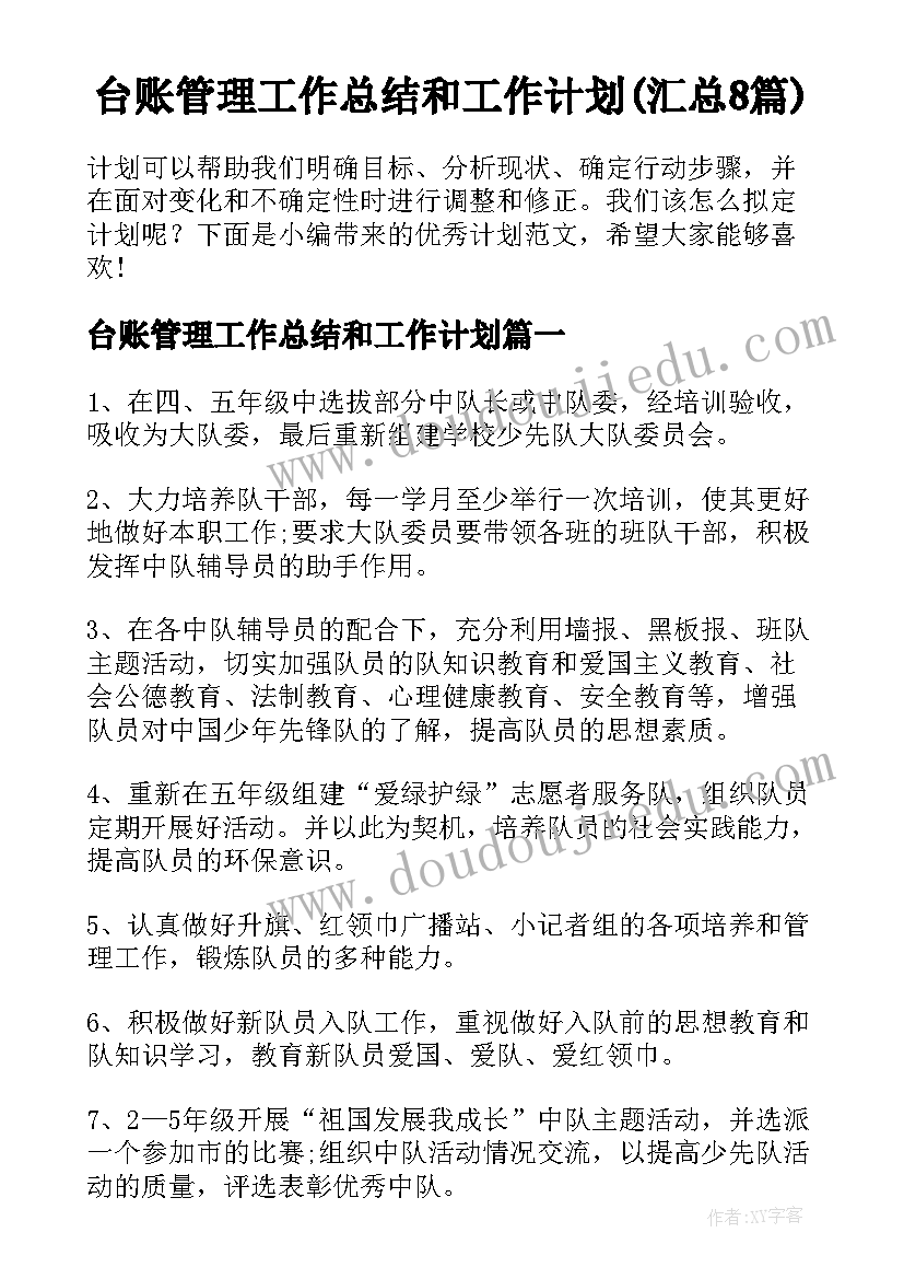 台账管理工作总结和工作计划(汇总8篇)