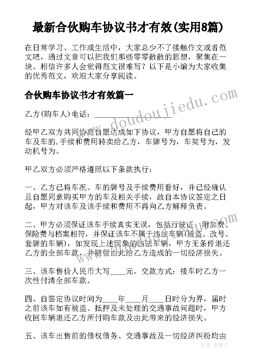 最新合伙购车协议书才有效(实用8篇)