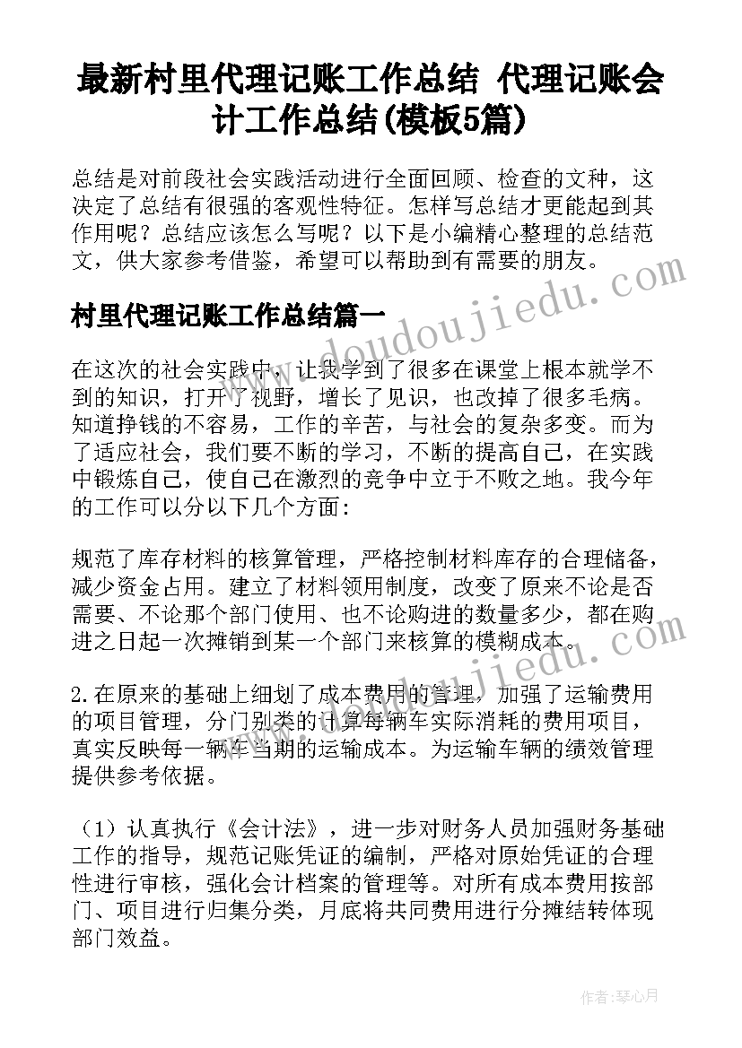 最新村里代理记账工作总结 代理记账会计工作总结(模板5篇)