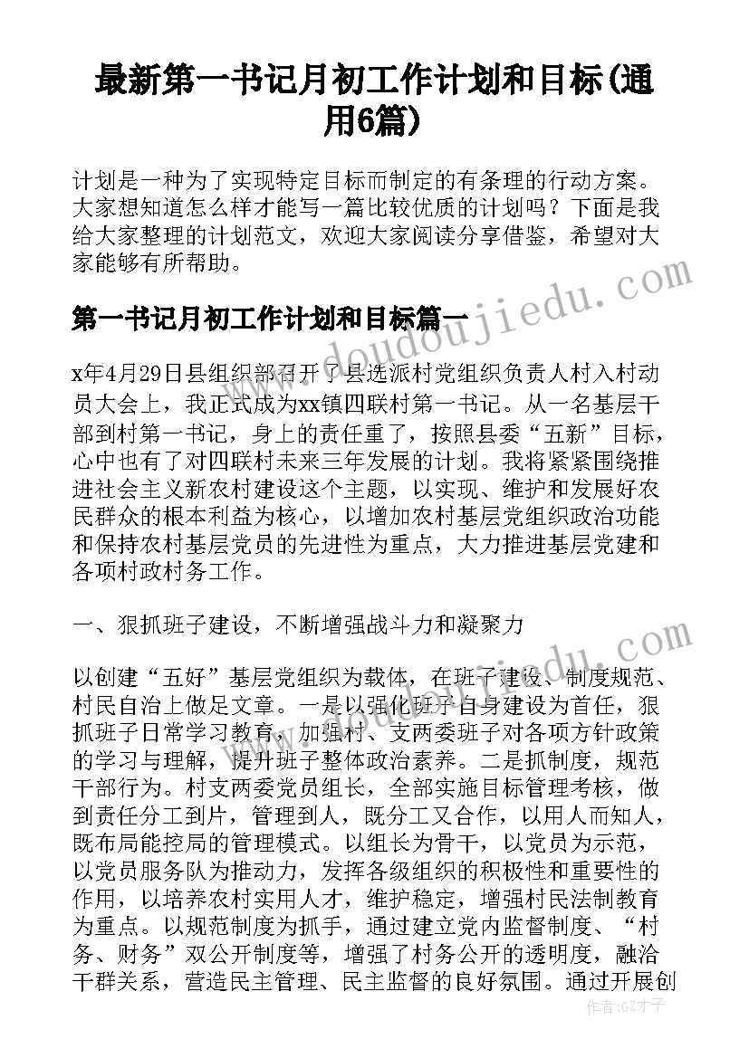 最新第一书记月初工作计划和目标(通用6篇)