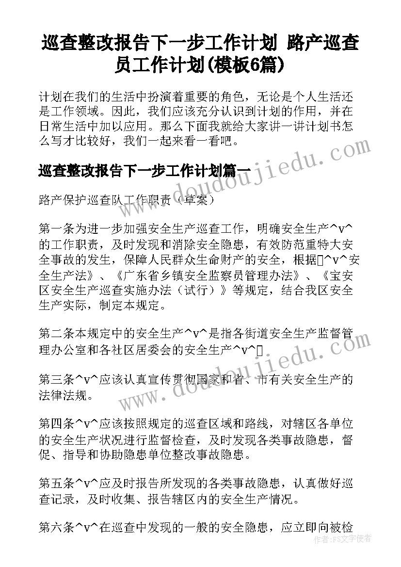 巡查整改报告下一步工作计划 路产巡查员工作计划(模板6篇)