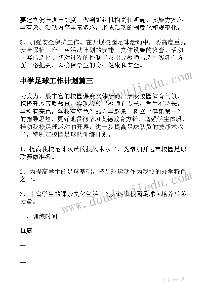 最新中学足球工作计划 足球工作计划(模板8篇)