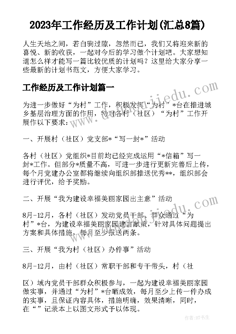 2023年工作经历及工作计划(汇总8篇)