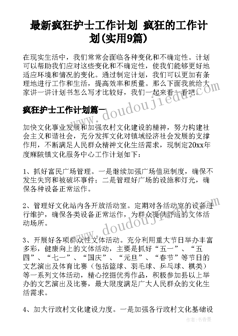 最新疯狂护士工作计划 疯狂的工作计划(实用9篇)