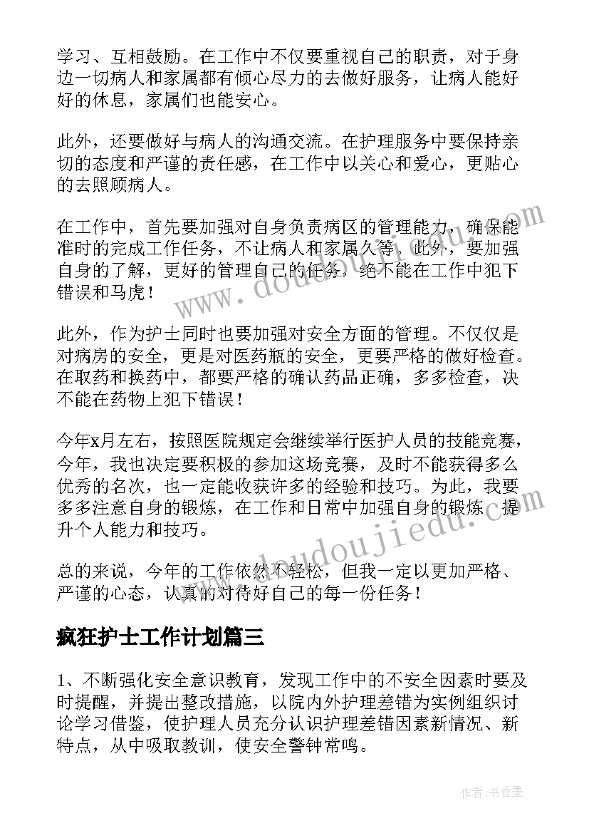 最新疯狂护士工作计划 疯狂的工作计划(实用9篇)