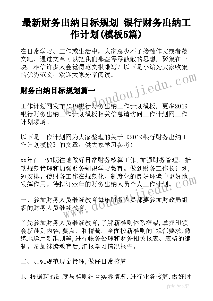 最新财务出纳目标规划 银行财务出纳工作计划(模板5篇)