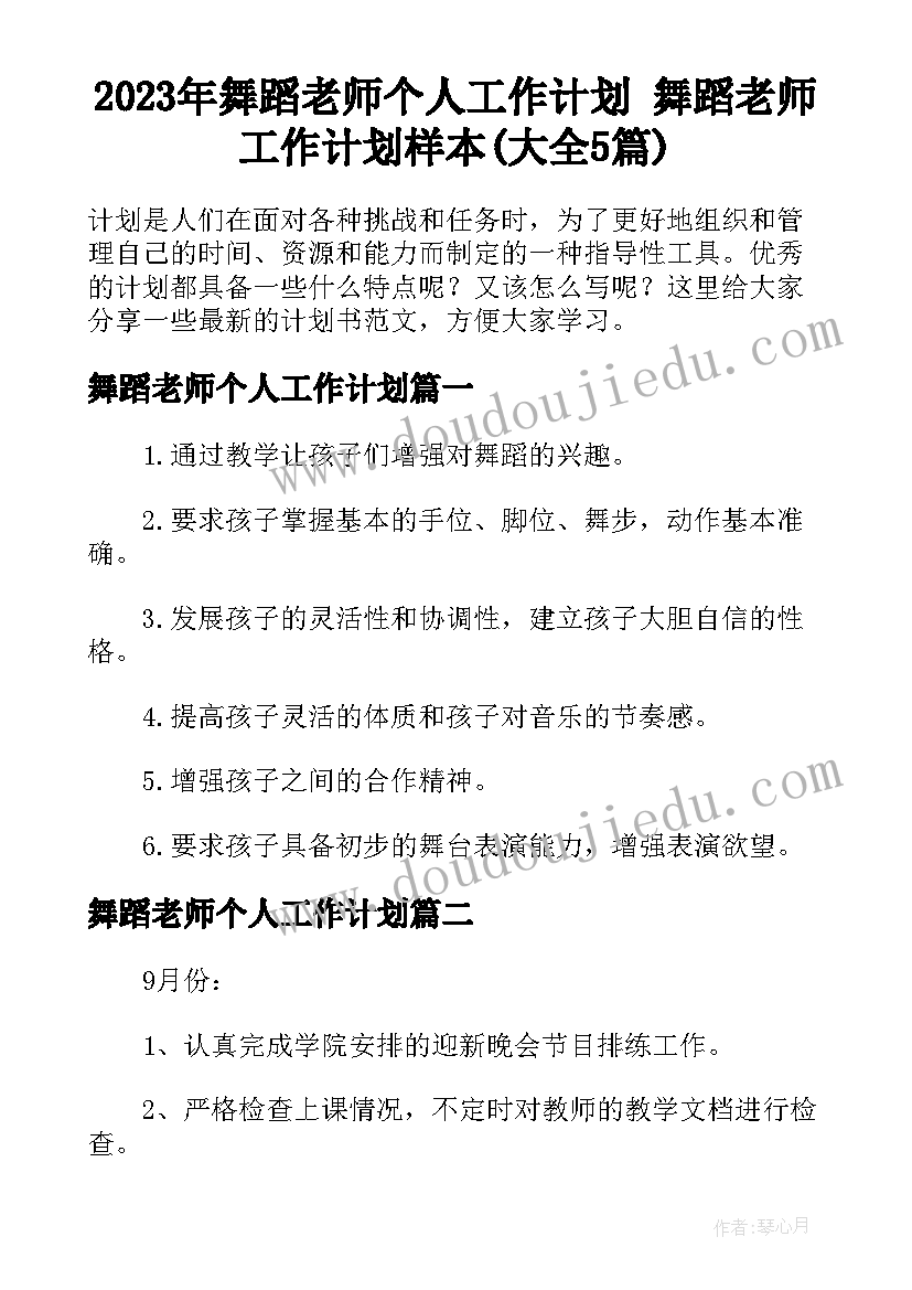 2023年舞蹈老师个人工作计划 舞蹈老师工作计划样本(大全5篇)