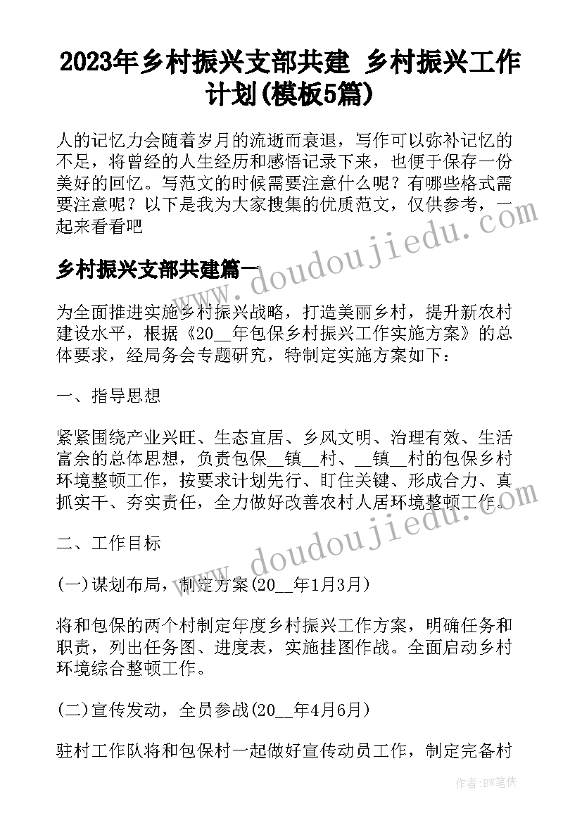 2023年乡村振兴支部共建 乡村振兴工作计划(模板5篇)