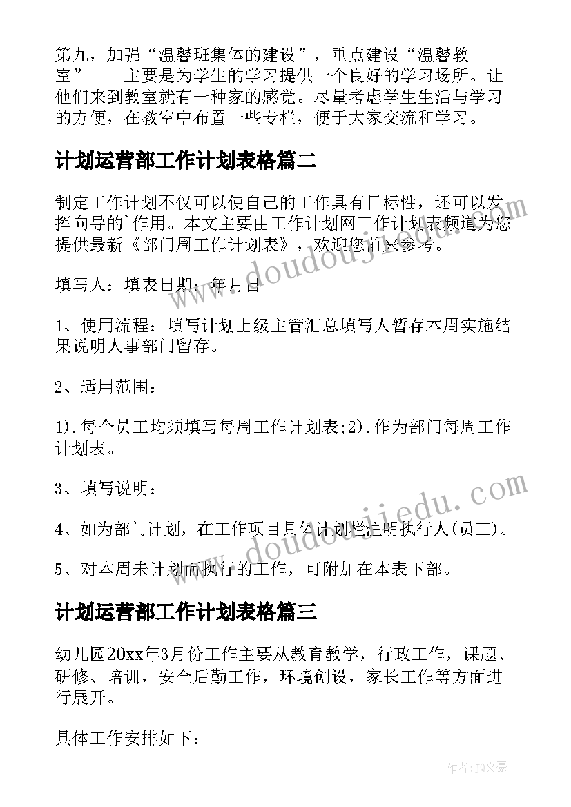 2023年计划运营部工作计划表格(优秀10篇)