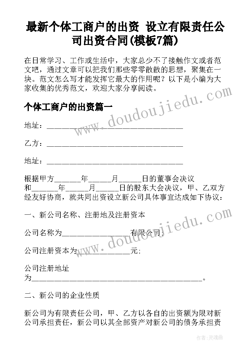 最新个体工商户的出资 设立有限责任公司出资合同(模板7篇)