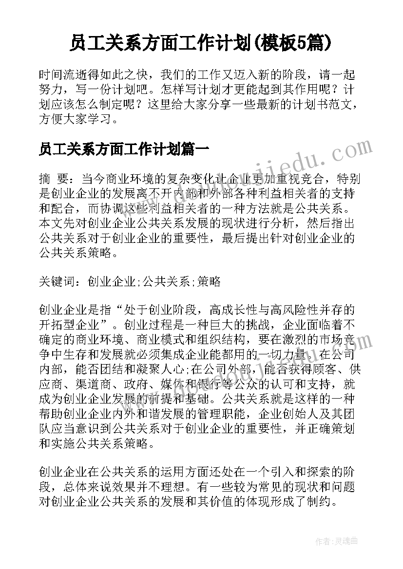 员工关系方面工作计划(模板5篇)