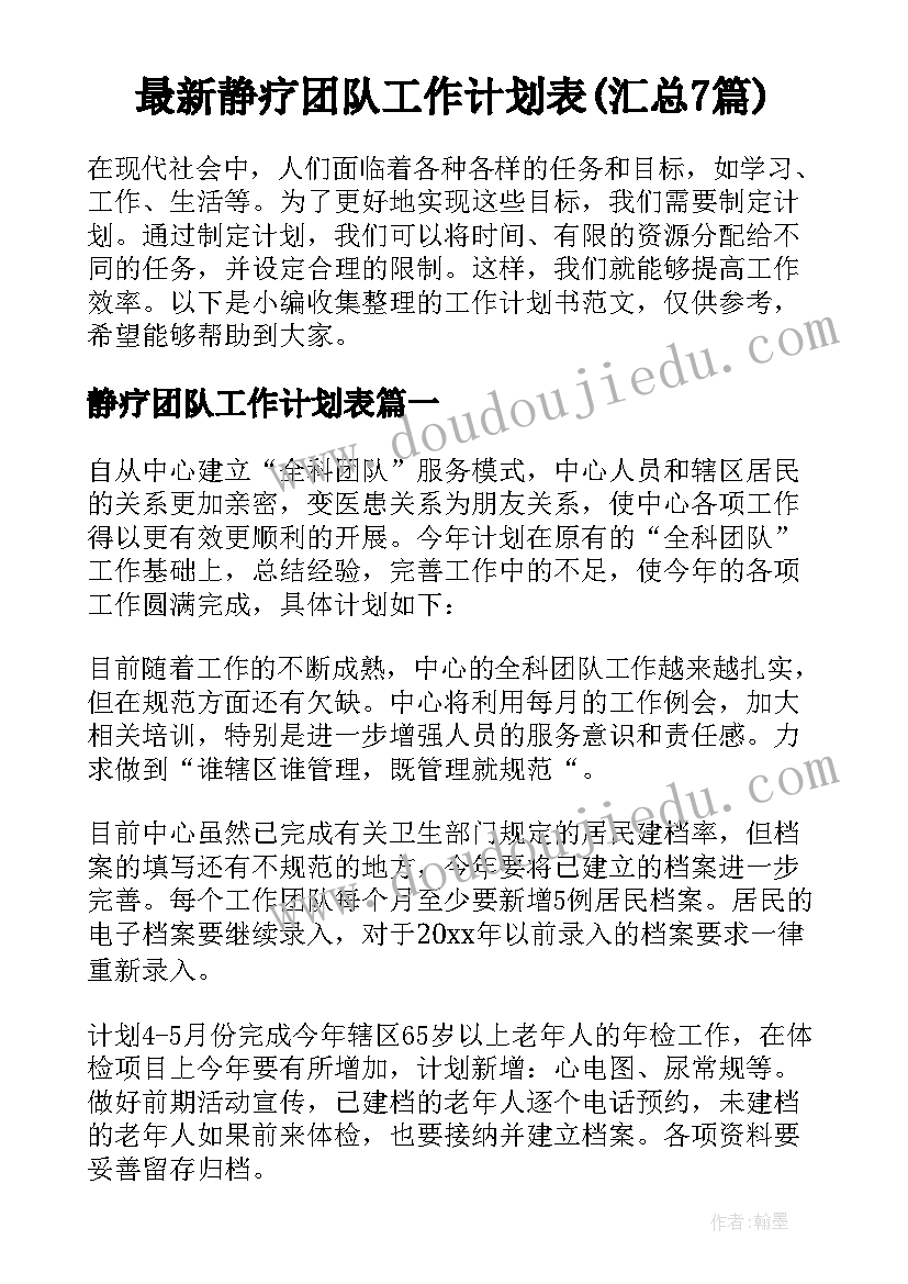 最新静疗团队工作计划表(汇总7篇)