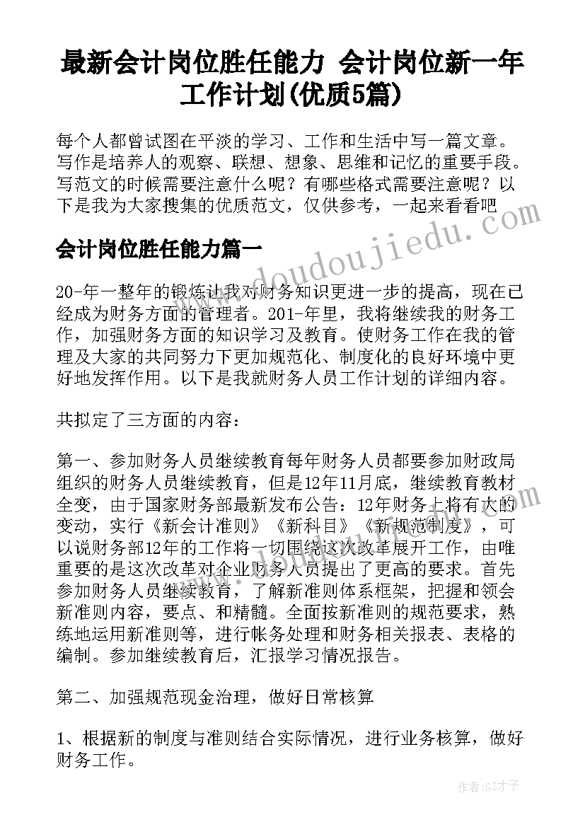 最新会计岗位胜任能力 会计岗位新一年工作计划(优质5篇)