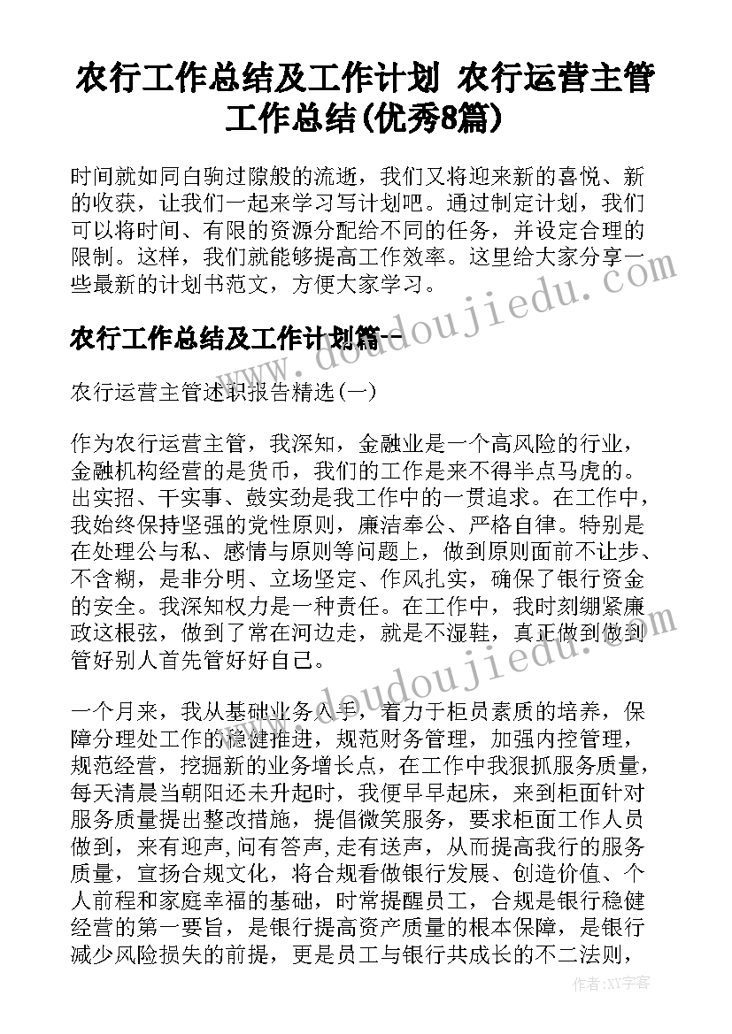 农行工作总结及工作计划 农行运营主管工作总结(优秀8篇)