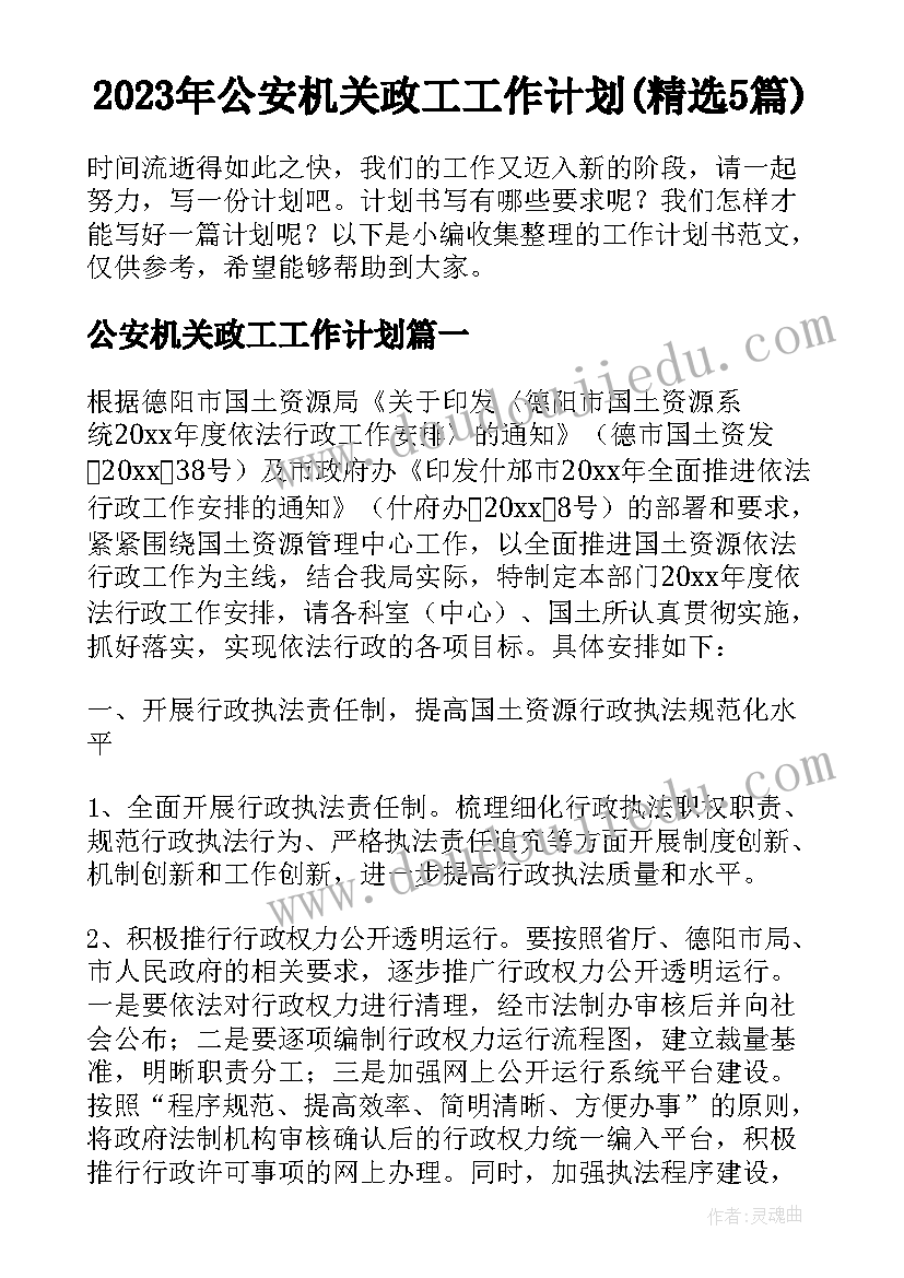 2023年公安机关政工工作计划(精选5篇)