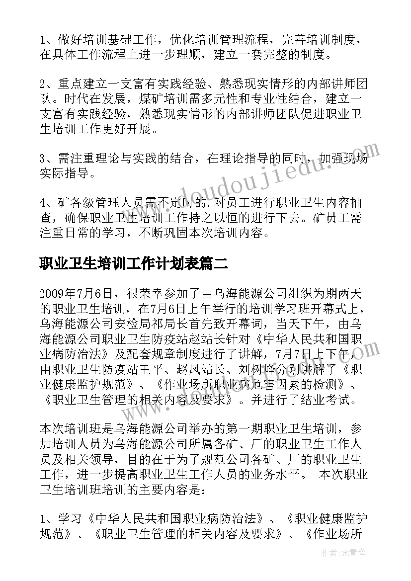 2023年职业卫生培训工作计划表 职业卫生培训总结(实用8篇)