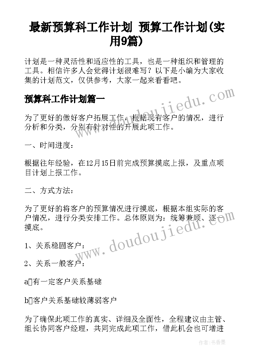 最新预算科工作计划 预算工作计划(实用9篇)