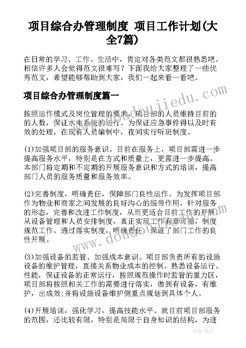 项目综合办管理制度 项目工作计划(大全7篇)