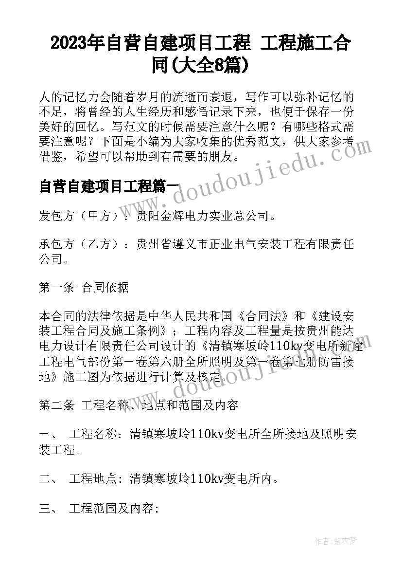 2023年自营自建项目工程 工程施工合同(大全8篇)