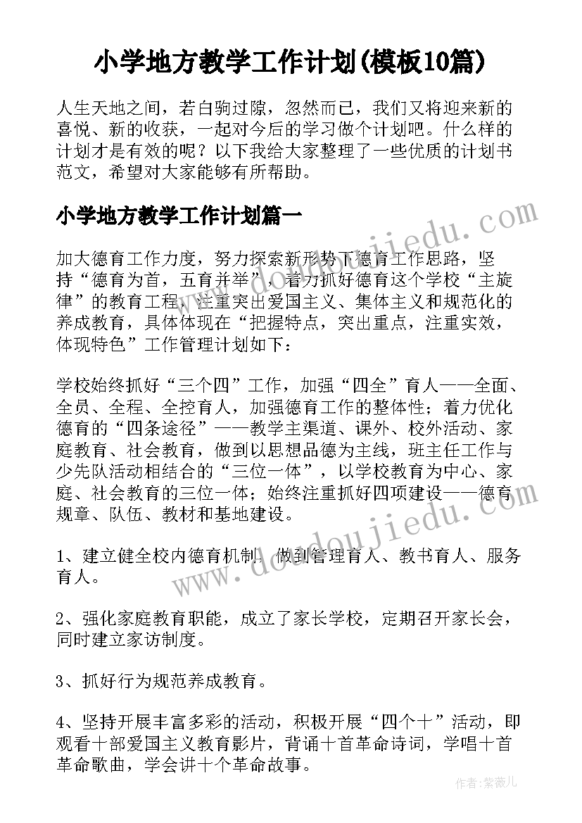 小学地方教学工作计划(模板10篇)