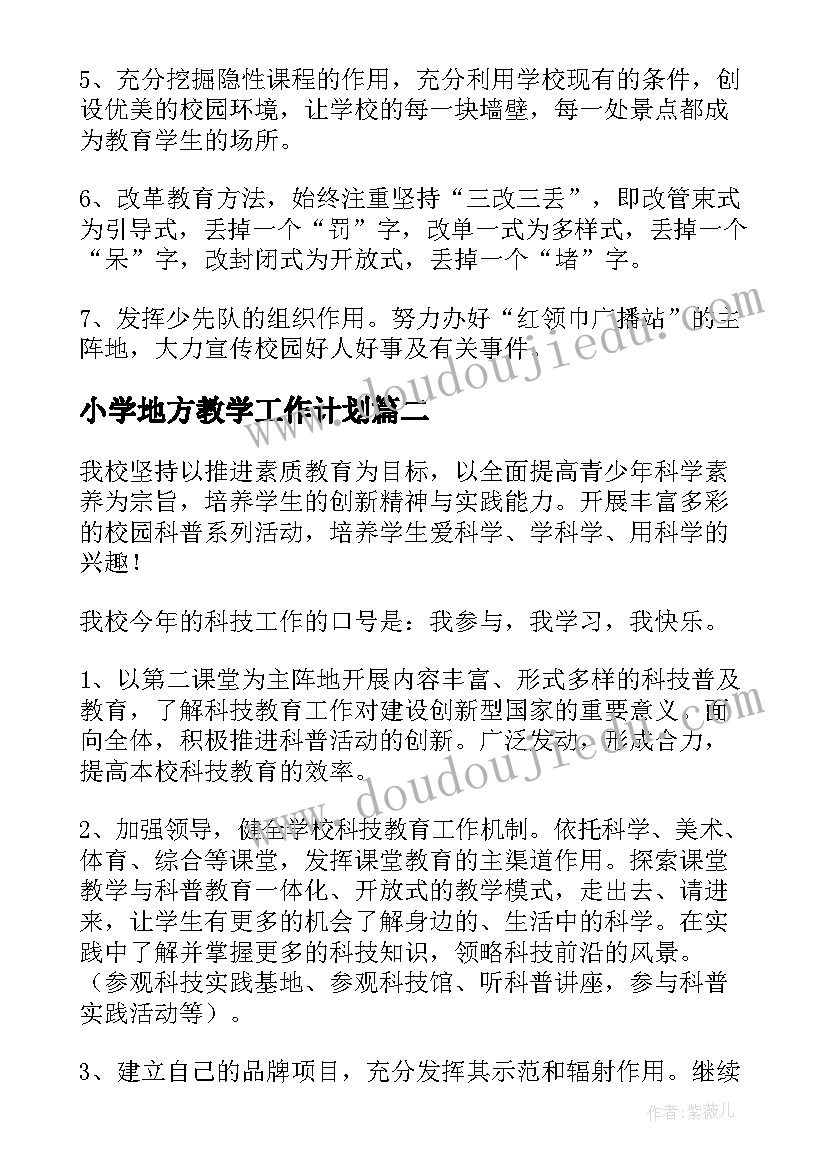 小学地方教学工作计划(模板10篇)