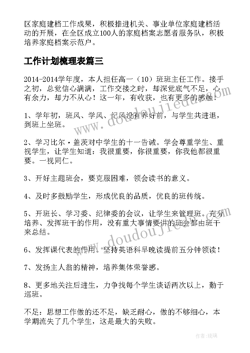 最新工作计划梳理表(实用10篇)