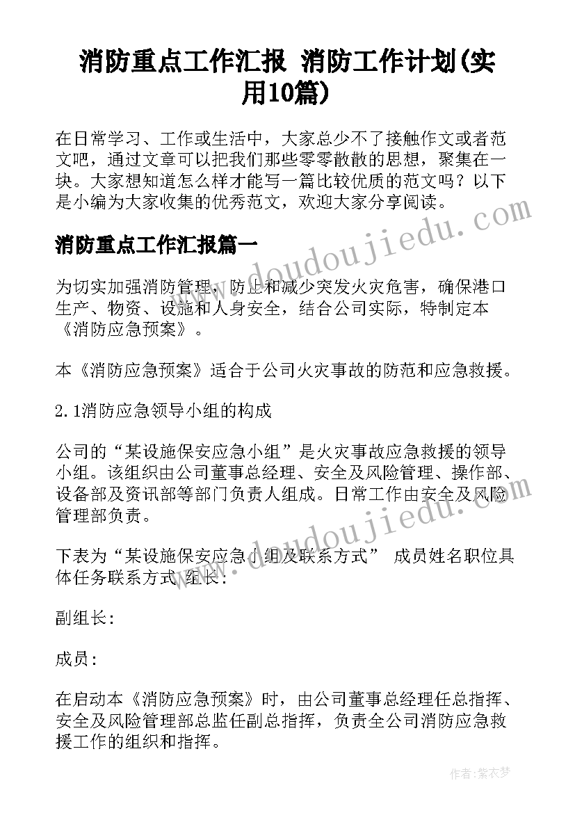 消防重点工作汇报 消防工作计划(实用10篇)