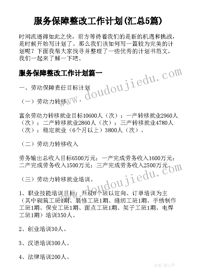 服务保障整改工作计划(汇总5篇)