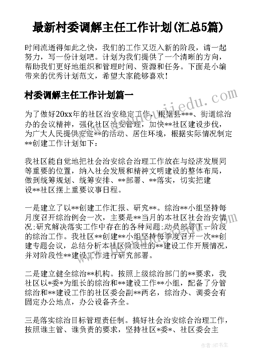 最新村委调解主任工作计划(汇总5篇)