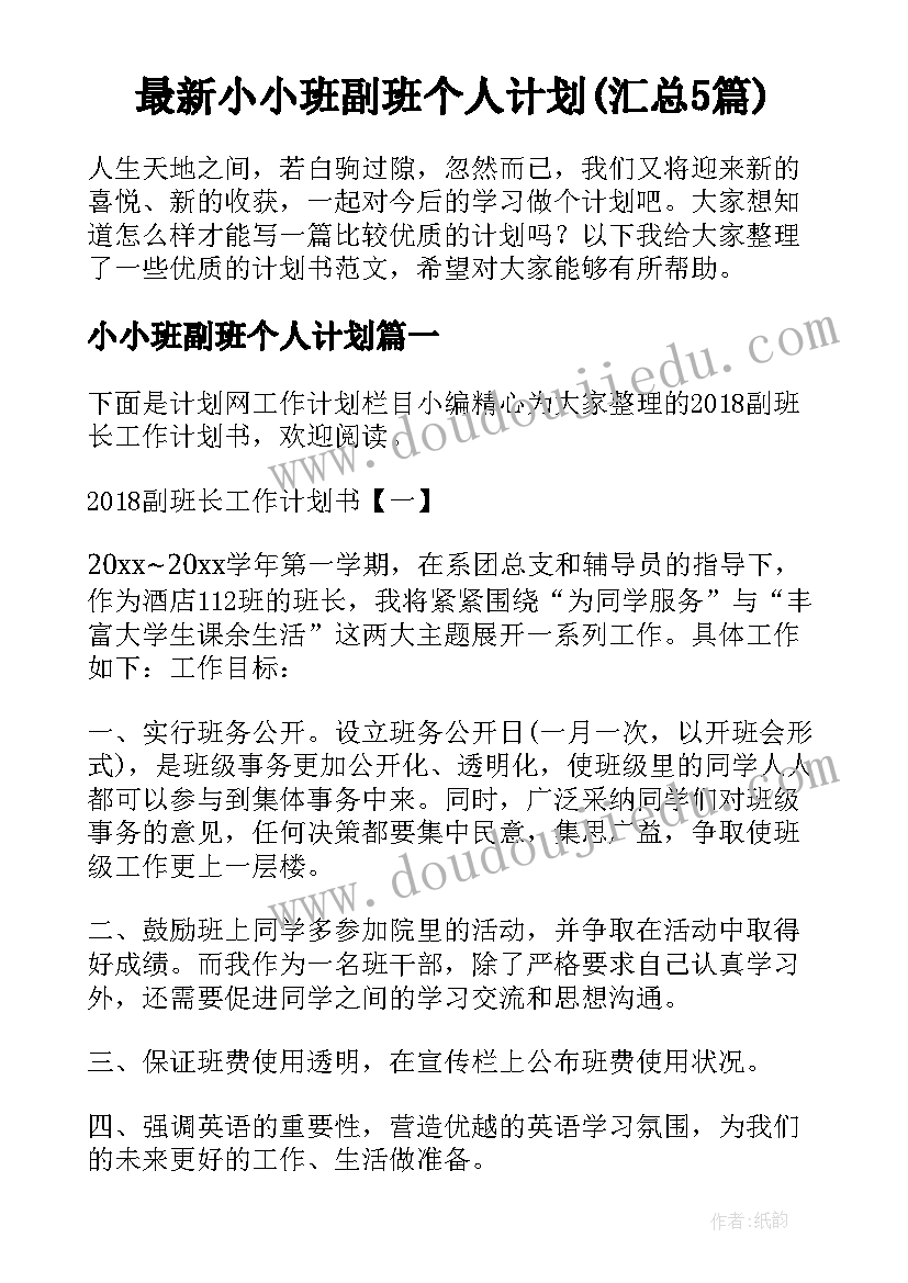 最新小小班副班个人计划(汇总5篇)