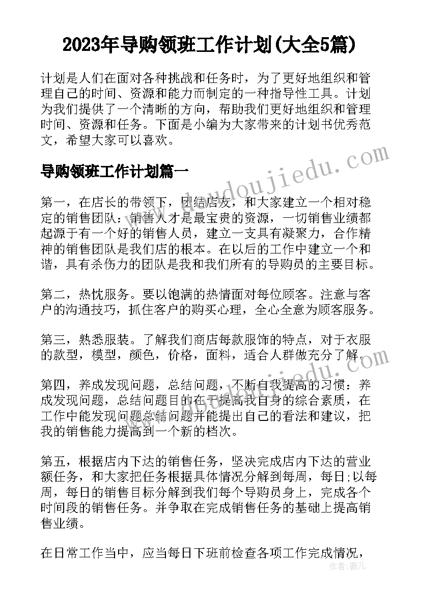 2023年导购领班工作计划(大全5篇)