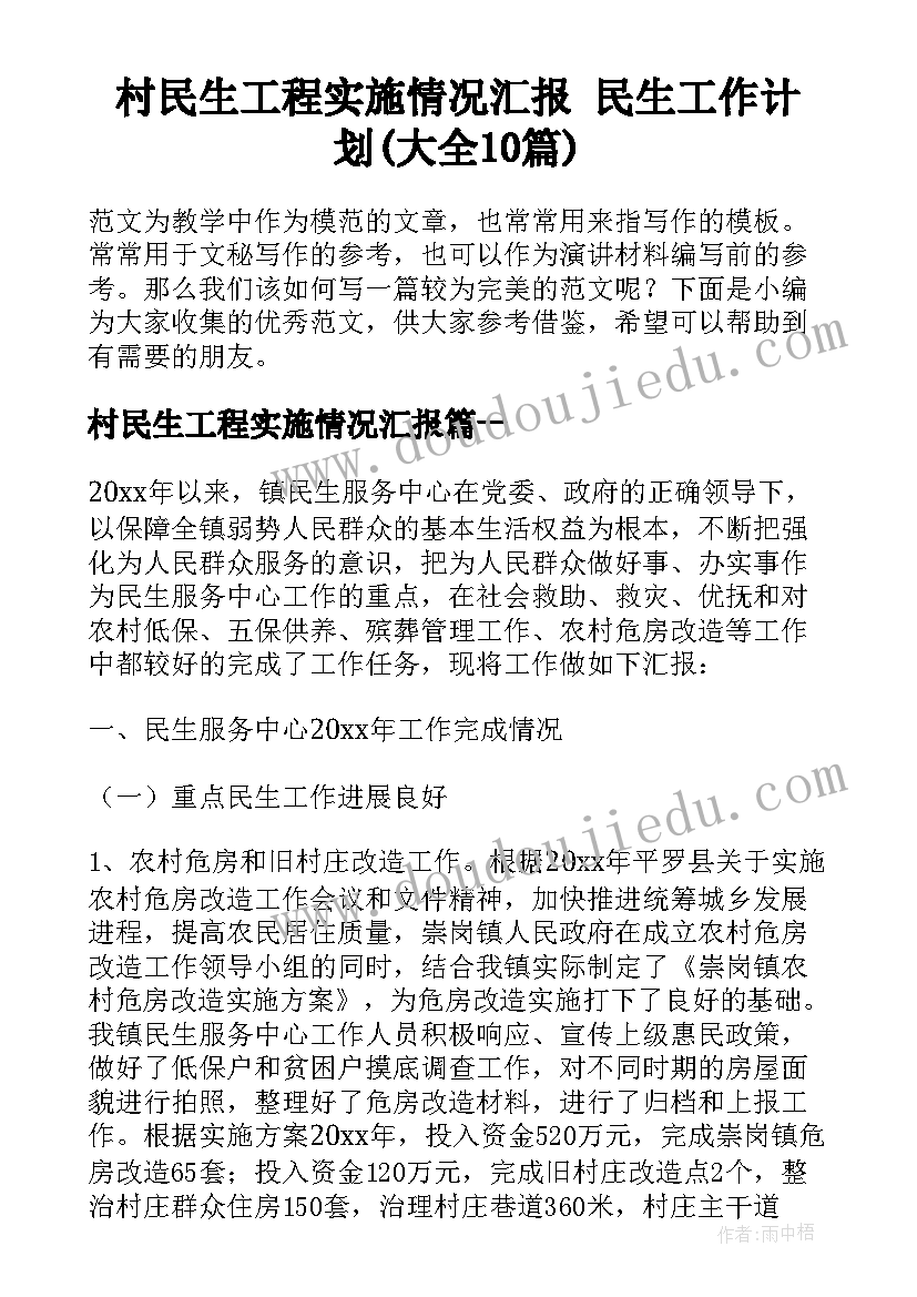 村民生工程实施情况汇报 民生工作计划(大全10篇)