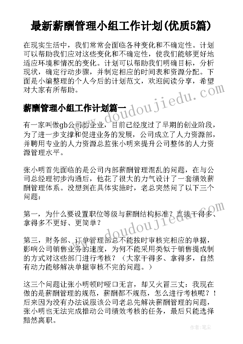 最新薪酬管理小组工作计划(优质5篇)