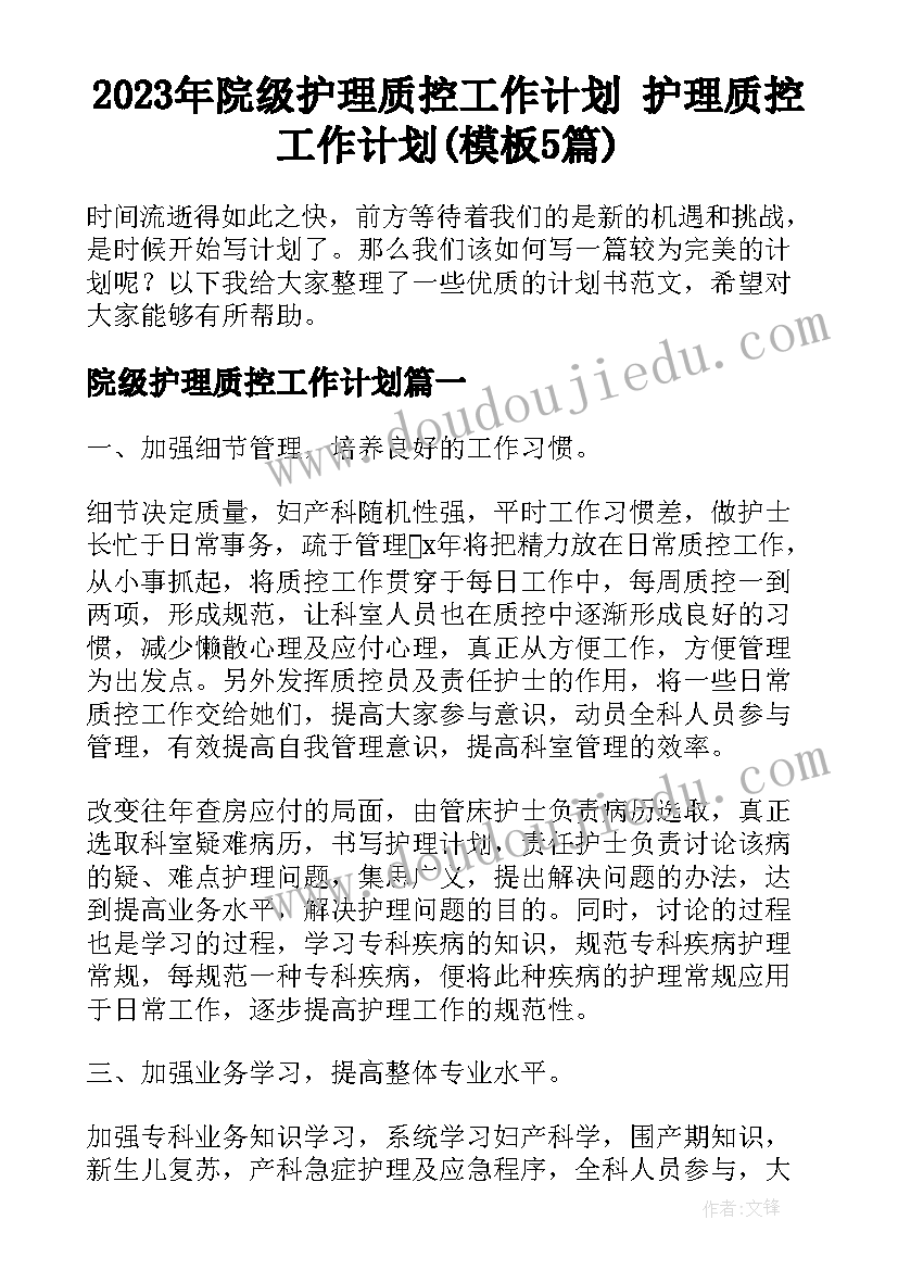 2023年院级护理质控工作计划 护理质控工作计划(模板5篇)