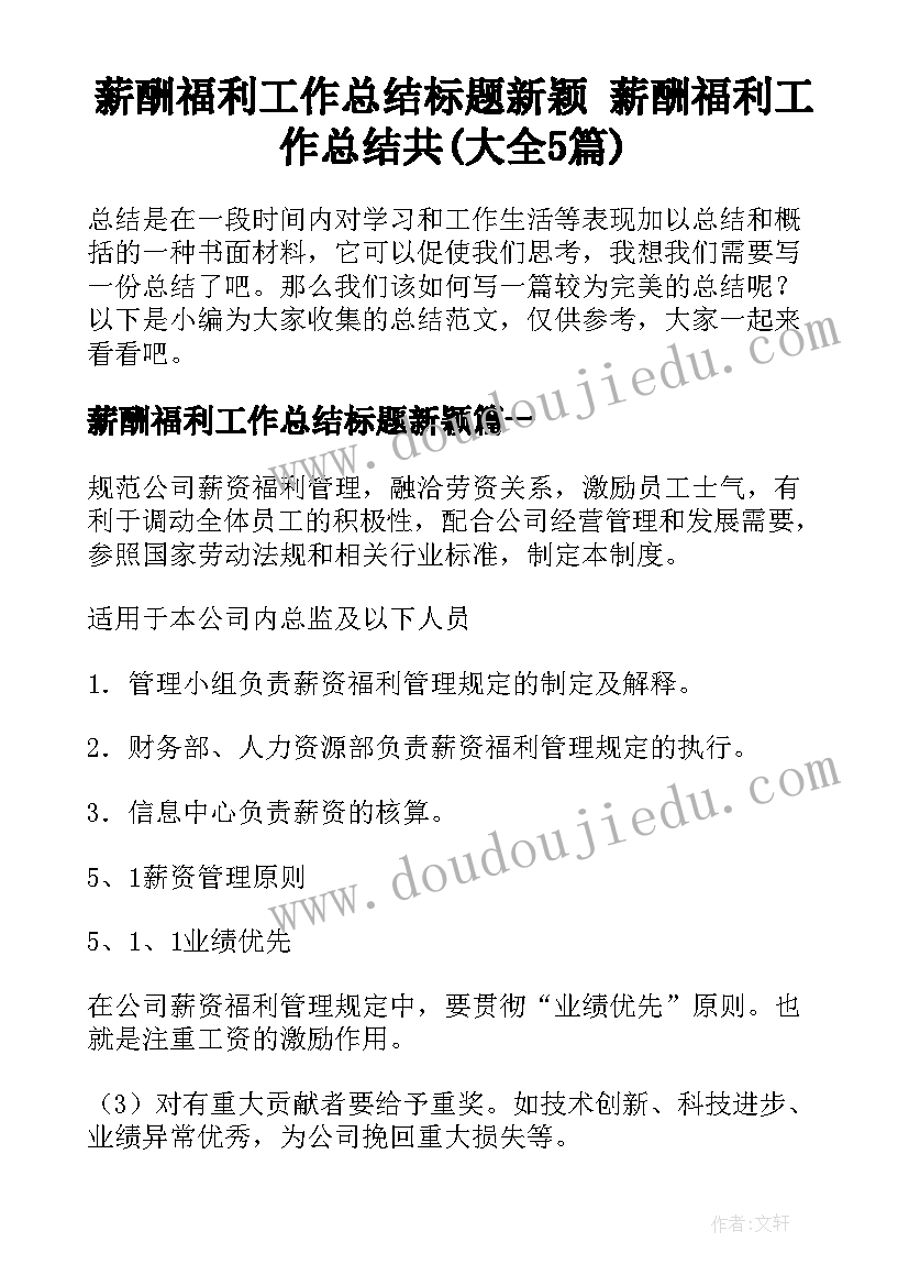 薪酬福利工作总结标题新颖 薪酬福利工作总结共(大全5篇)