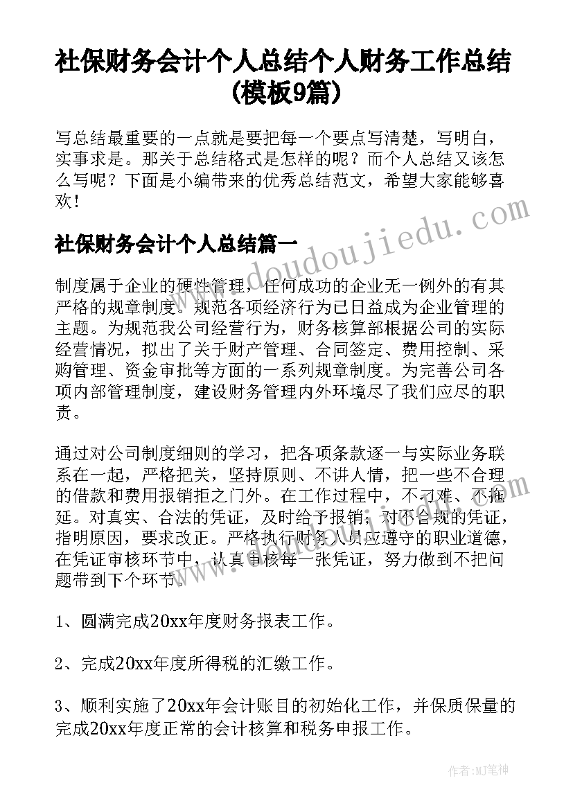 社保财务会计个人总结 个人财务工作总结(模板9篇)