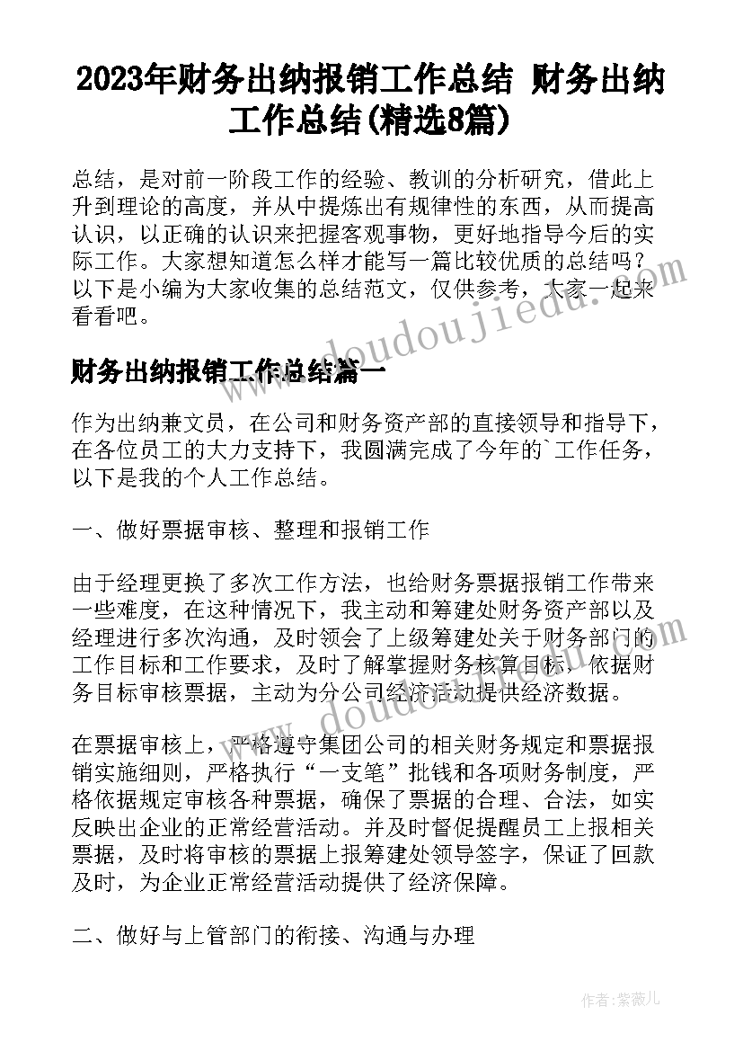 2023年财务出纳报销工作总结 财务出纳工作总结(精选8篇)