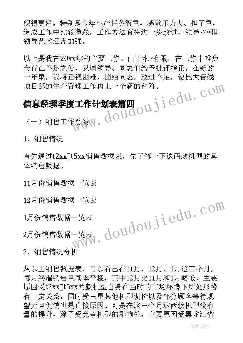 最新信息经理季度工作计划表 季度销售经理工作计划(实用5篇)