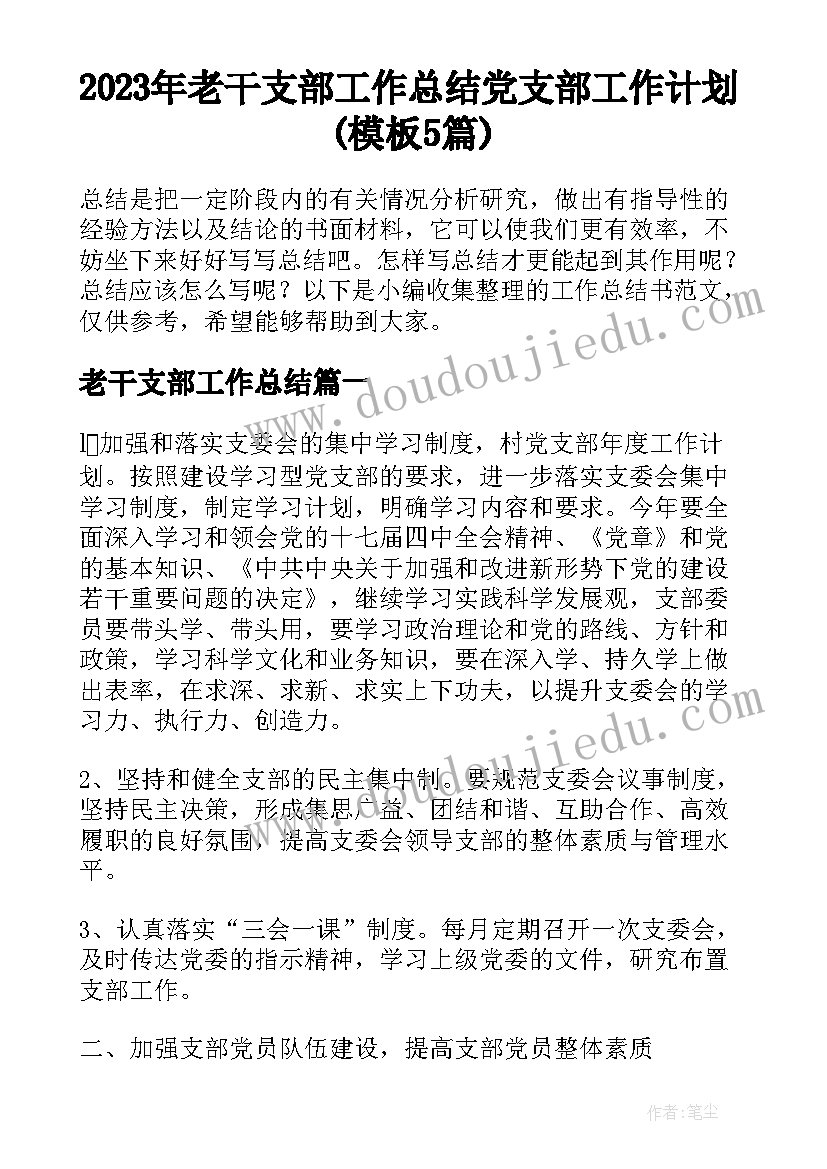 2023年老干支部工作总结 党支部工作计划(模板5篇)